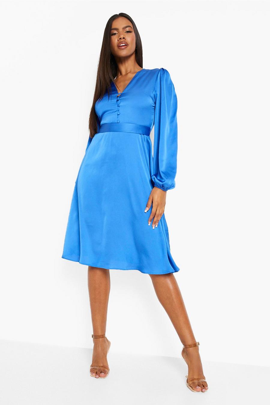 Blue Satin Puff Sleeve Button Detail Midi Dress image number 1