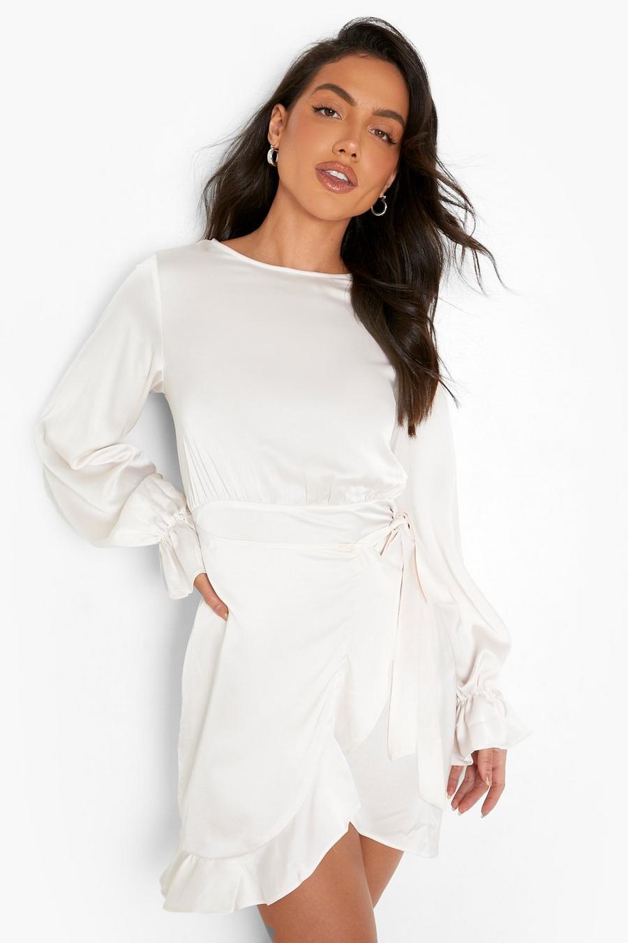 Champagne Satin Frill Sleeve Ruffle Mini Dress image number 1