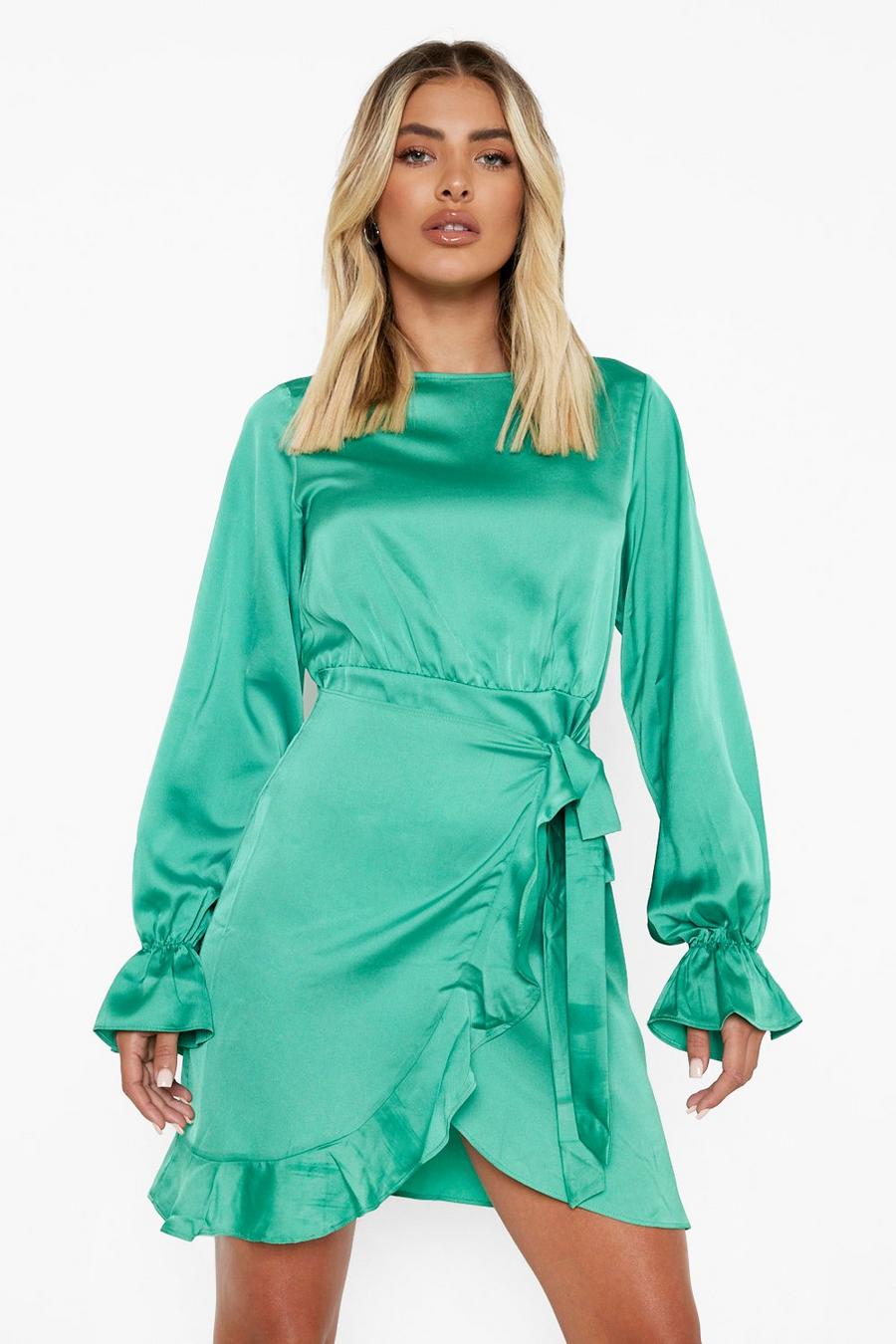 Green Satin Frill Sleeve Ruffle Mini Dress image number 1