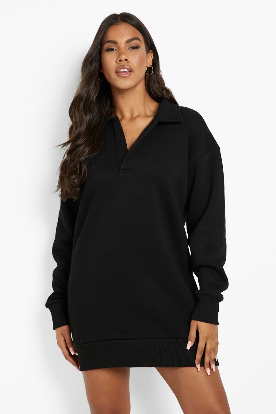 Black Hooded Asymmetric Midi Sweatshirt Dress image number 1