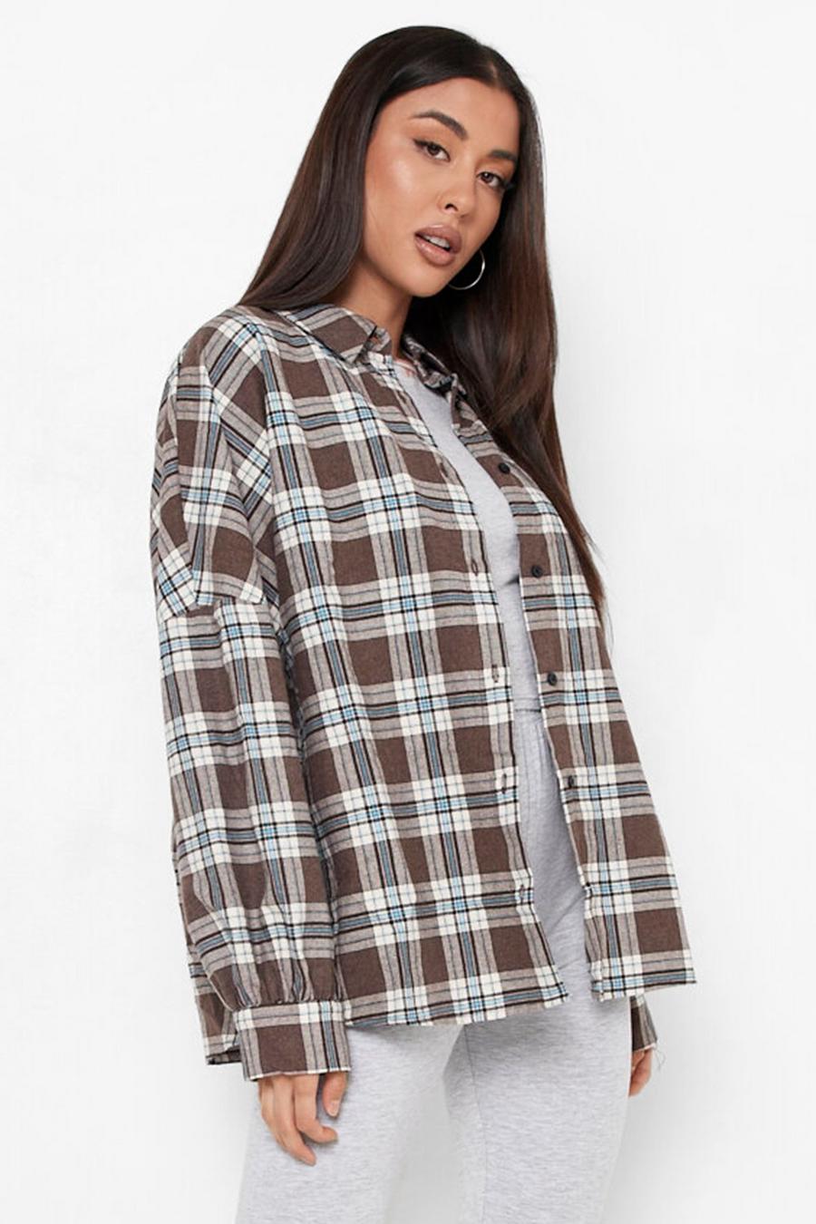 Chocolate Balloon Sleeve Oversized Flannel Shirt image number 1