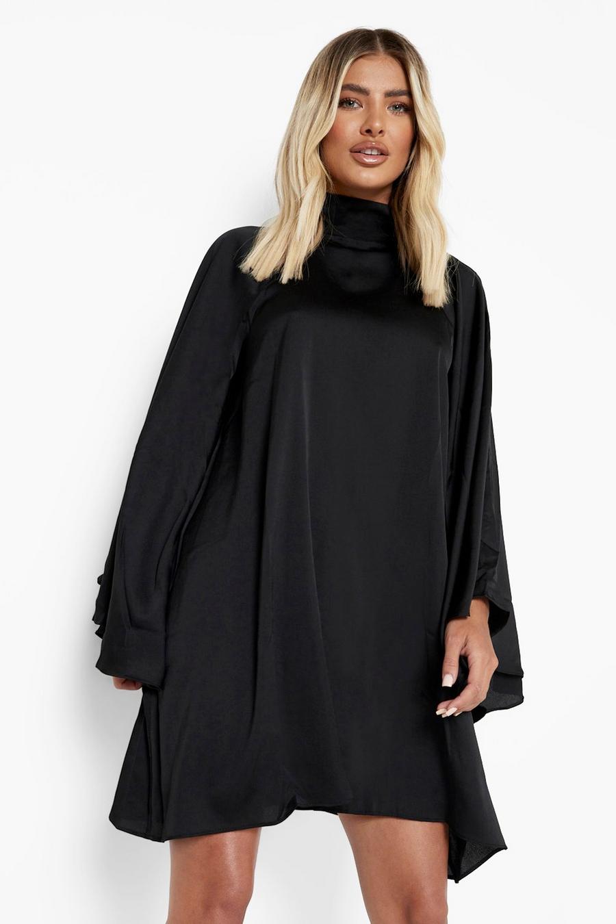 Black Satin Extreme Flare Sleeve Mini Dress image number 1