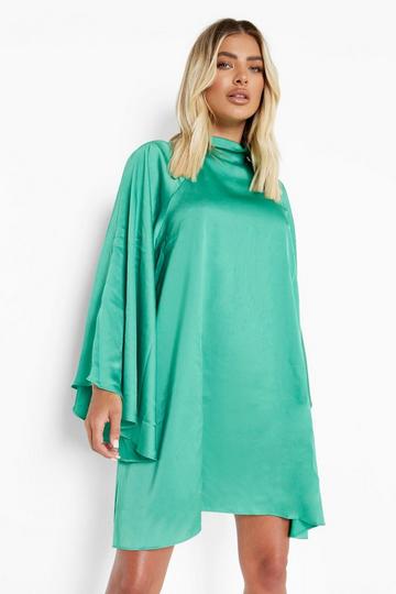 Green Satin Extreme Flare Sleeve Mini Dress