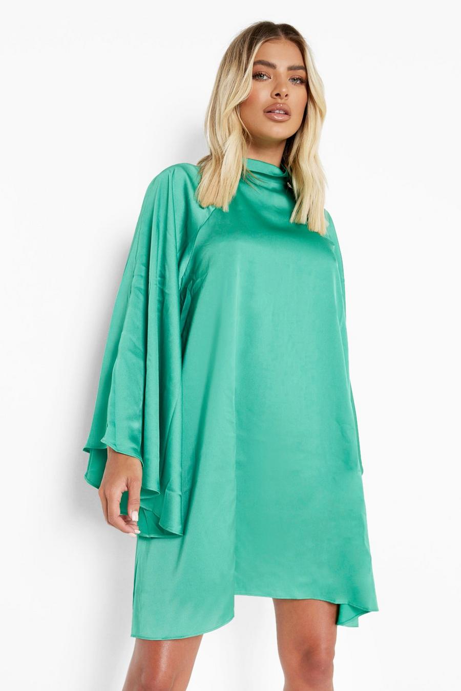 Green Satin Extreme Flare Sleeve Mini Dress image number 1