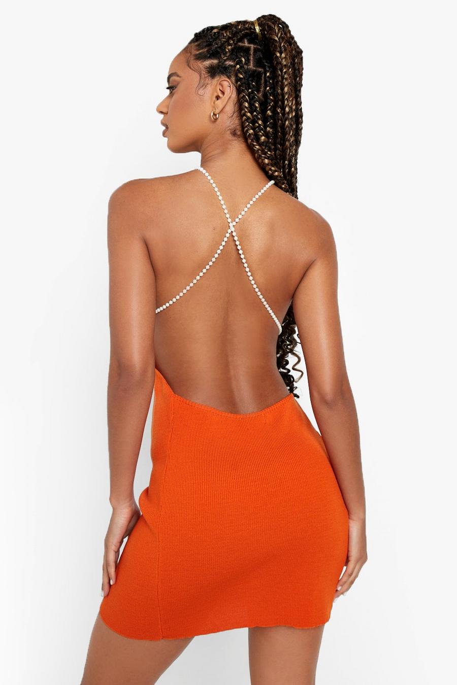 Orange Trim Detail Cross Over Backless Knitted Dress image number 1