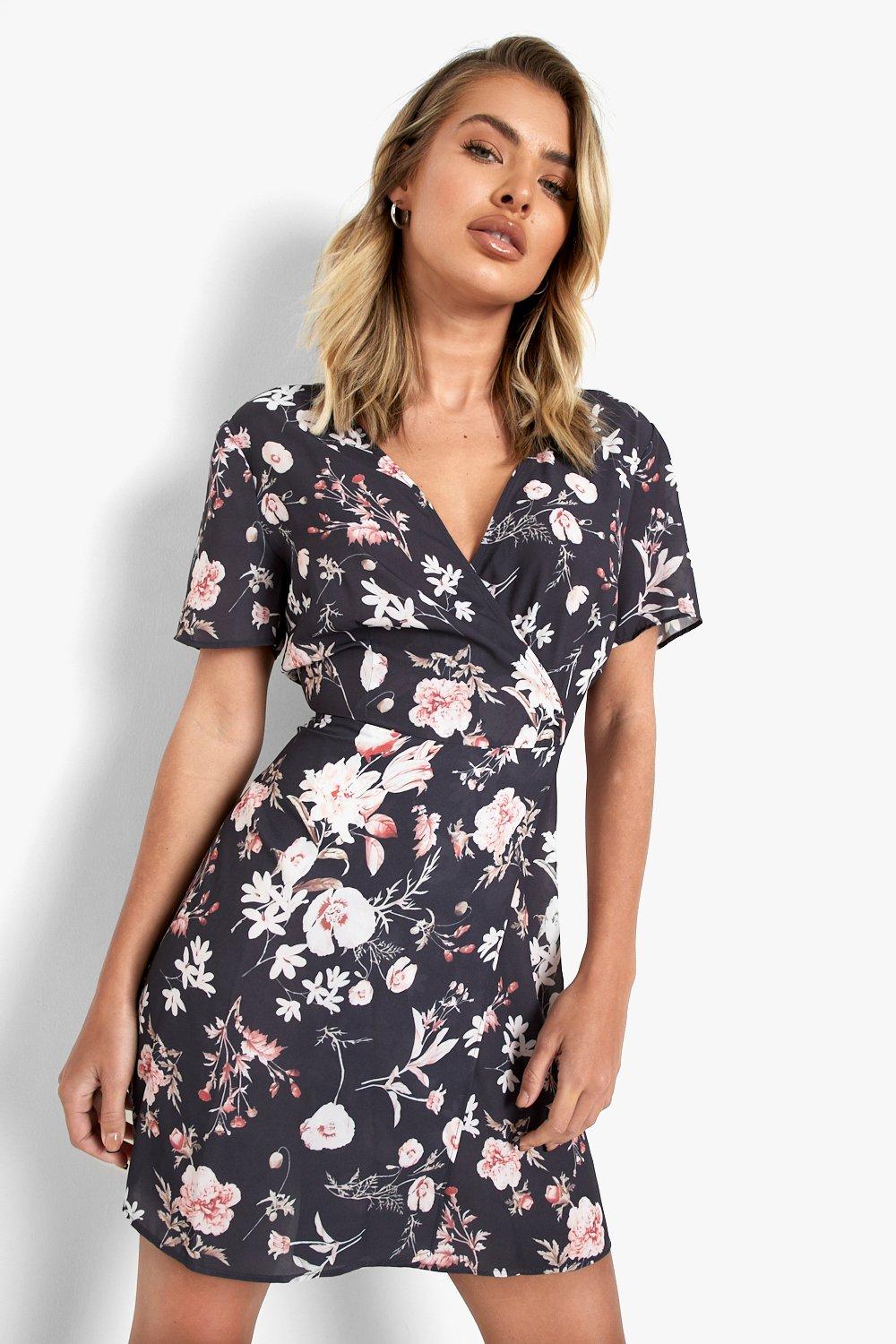 boohoo occasion floral embroidery wrap skater dress