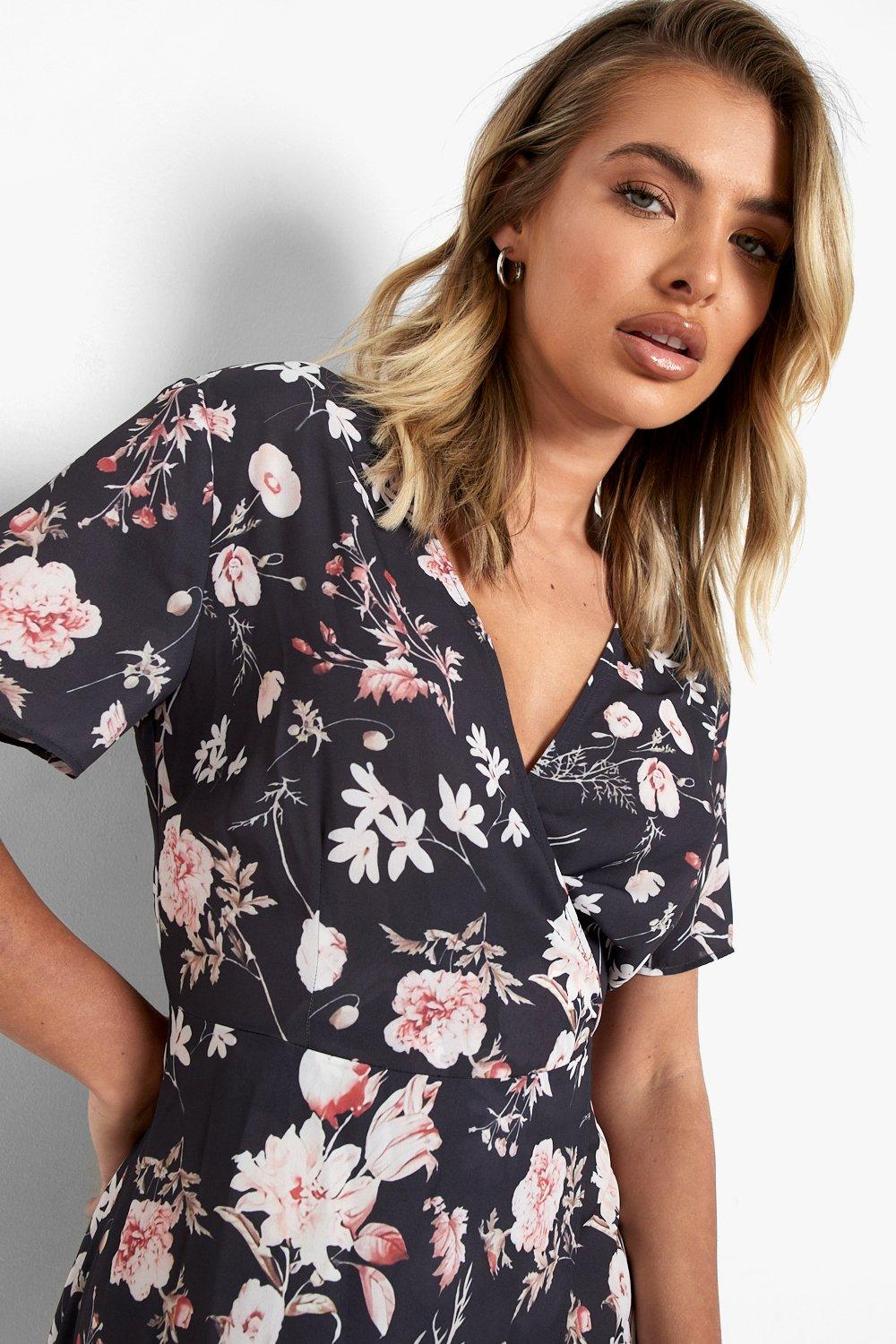 boohoo occasion floral embroidery wrap skater dress