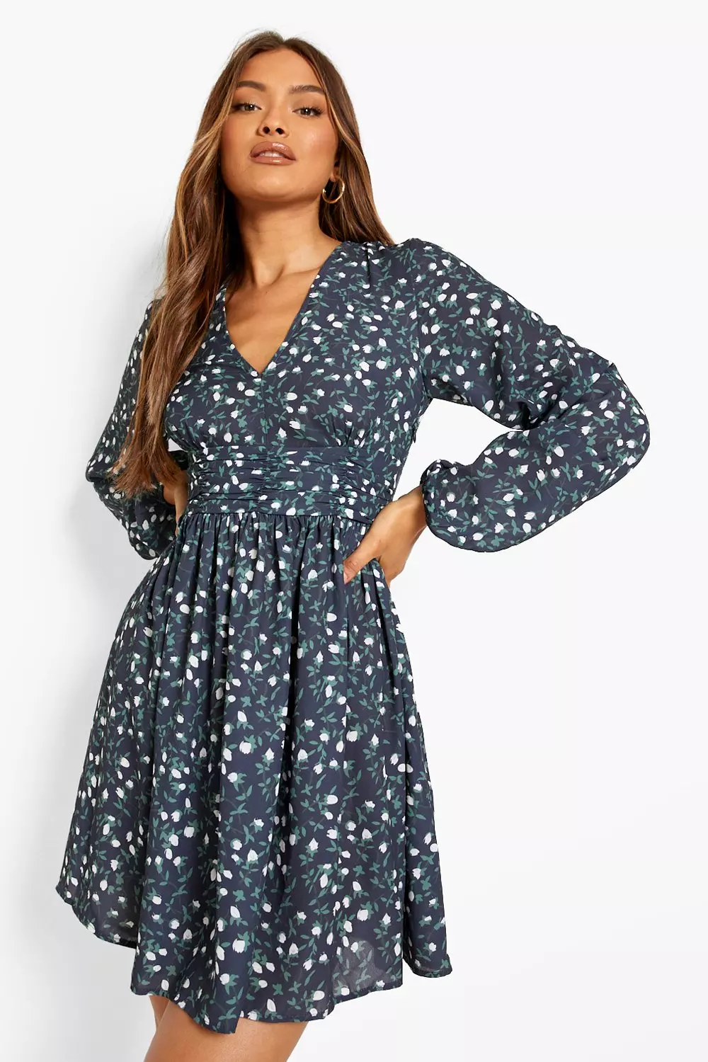 Ruched waist floral tea 2024 dress