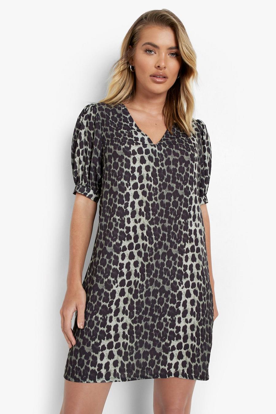 Khaki Leopard Print Plunge Puff Sleeve Shift Dress image number 1