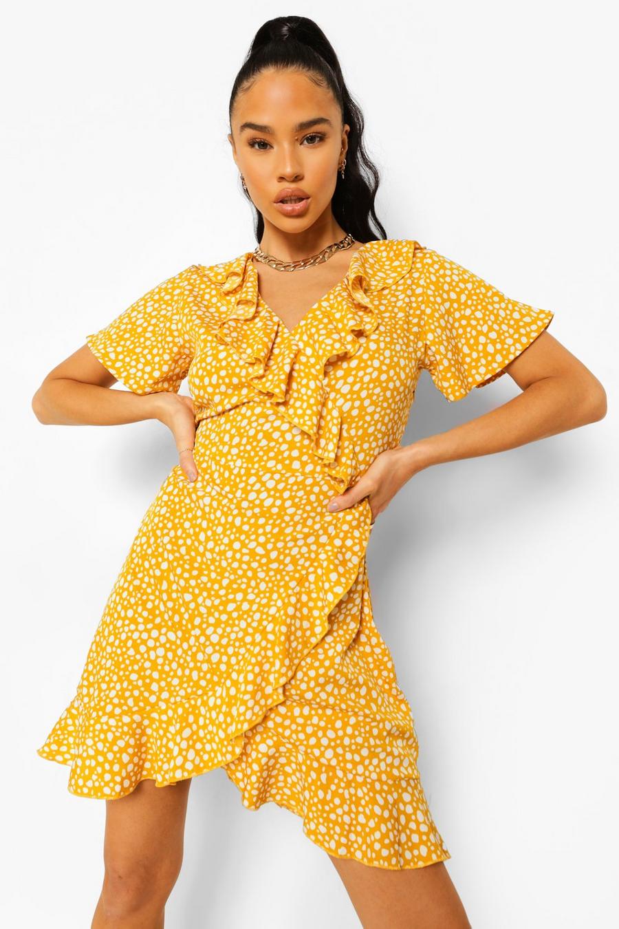 Mustard gul Dalmatinprickig volangklänning