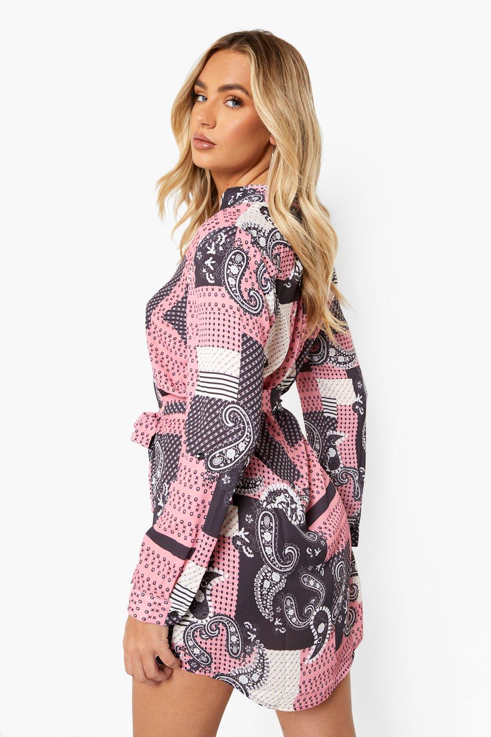 Paisley Print Belted Shirt Dress boohoo