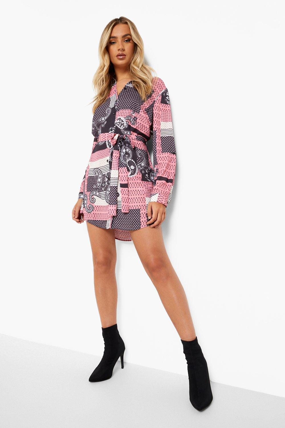 pink printed belted skater shirt dress