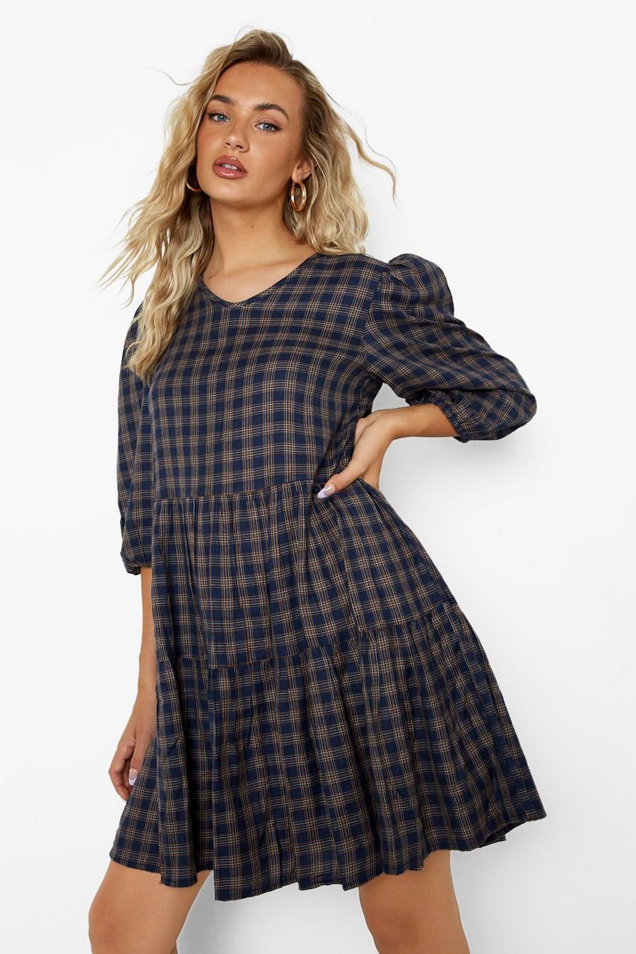 Blue Check Puff Sleeve Mini Smock Dress image number 1