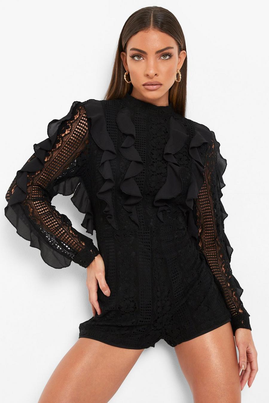 Black Lace Frill High Neck Playsuit image number 1