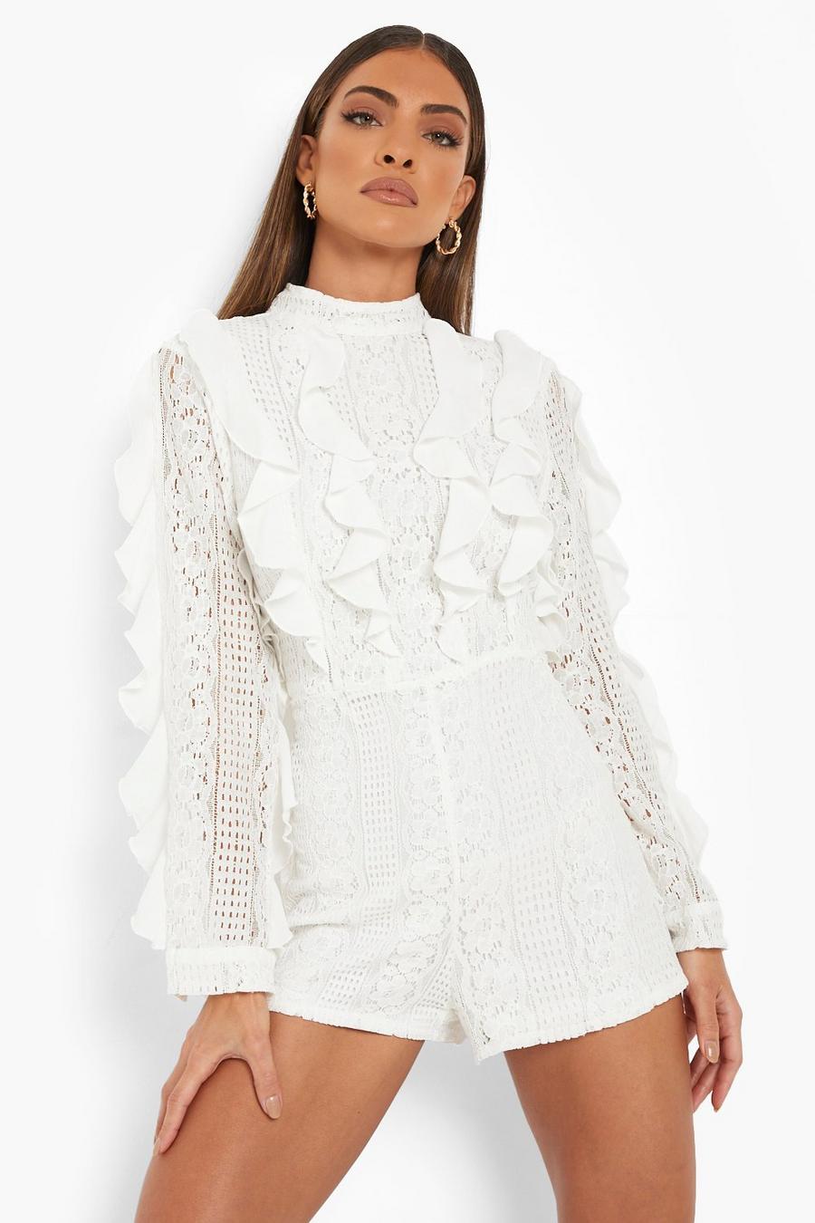 White Lace Frill High Neck Playsuit image number 1