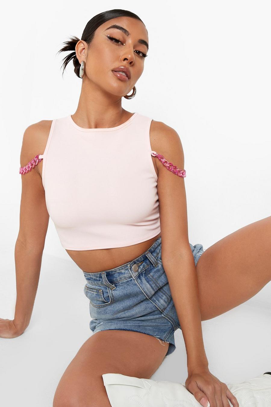 Baby pink Chain Detail Cut Out Shoulder Crop Top image number 1