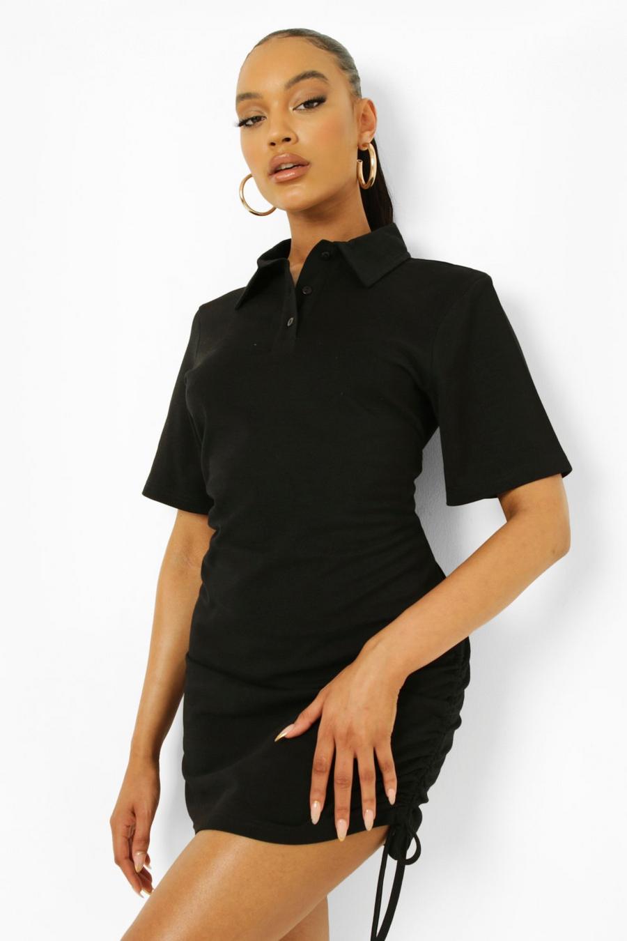 Black Ruched Side Polo T Shirt Dress image number 1