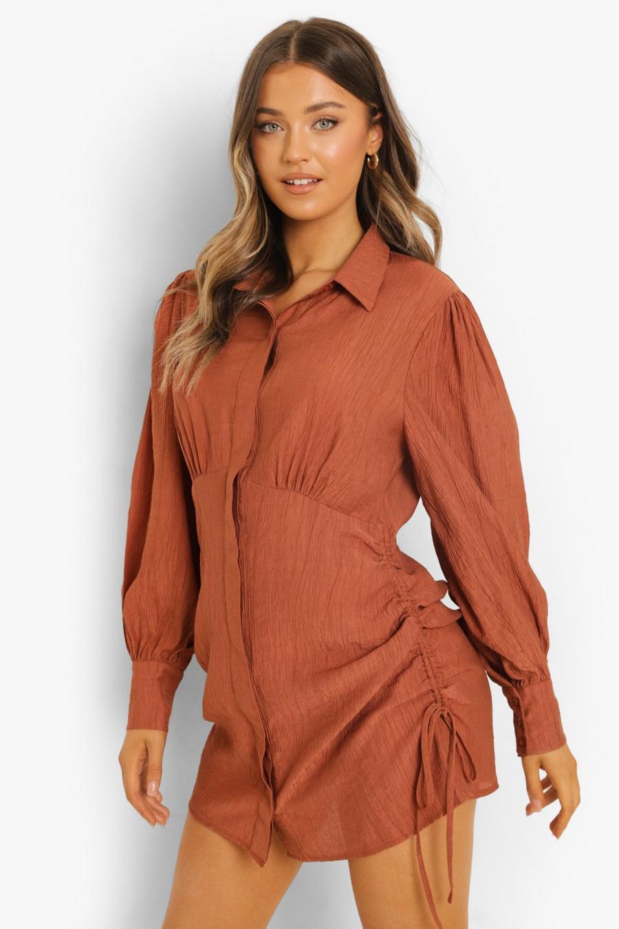 Chocolate Collared Long Sleeve Shirt Dress image number 1
