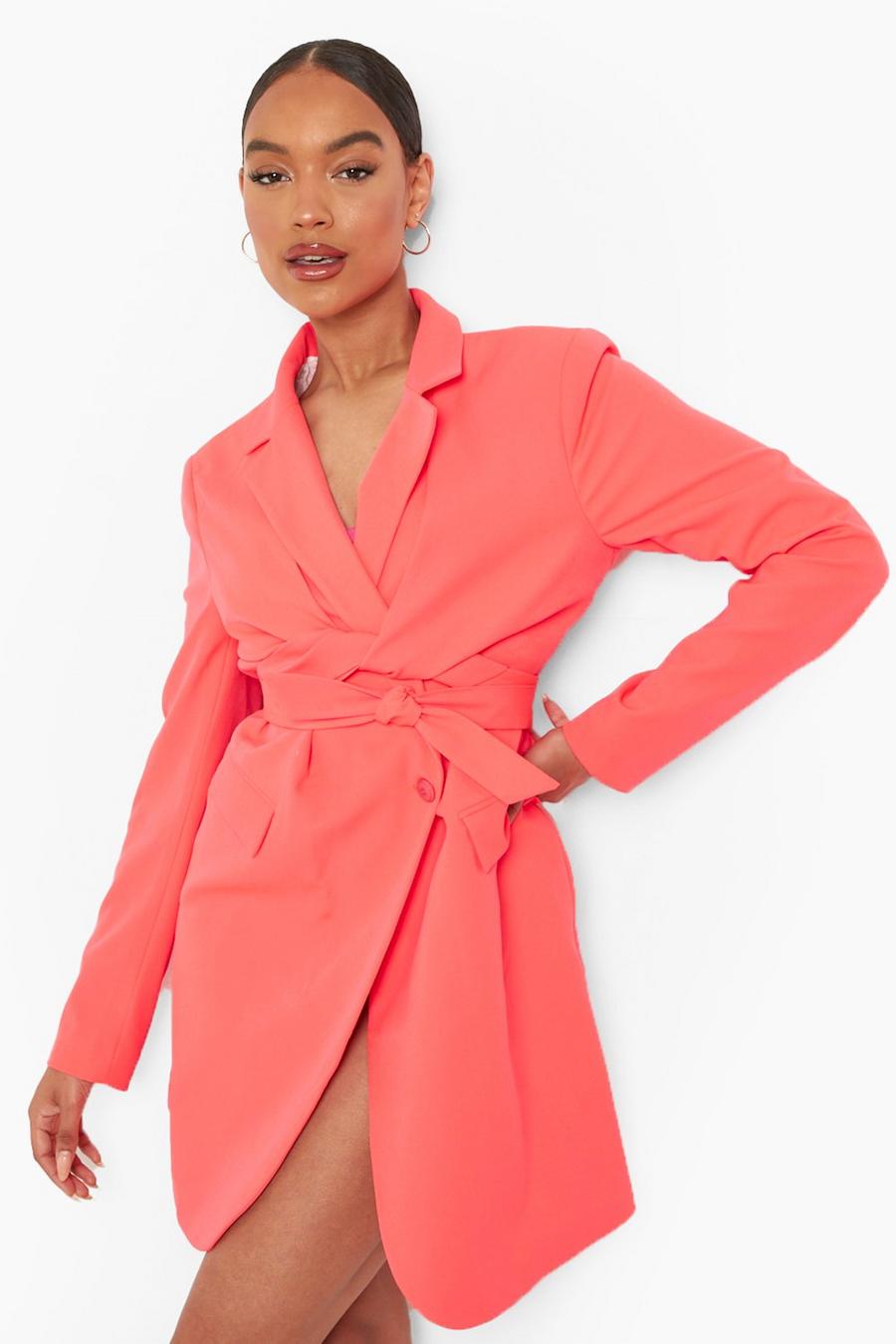 Neon-pink Wrap Tie Front Blazer Dress image number 1