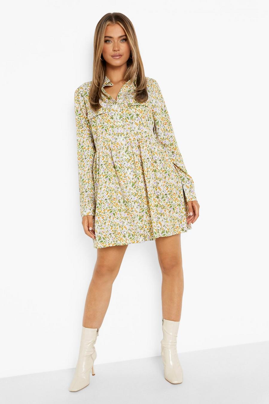Green Floral Print Utility Style Oversized Smock Dr image number 1