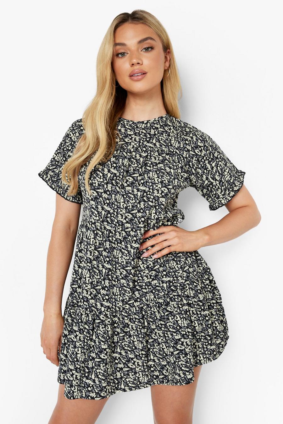 Black Ditsy Floral Cotton Ruffle Sleeve Smock Dress image number 1
