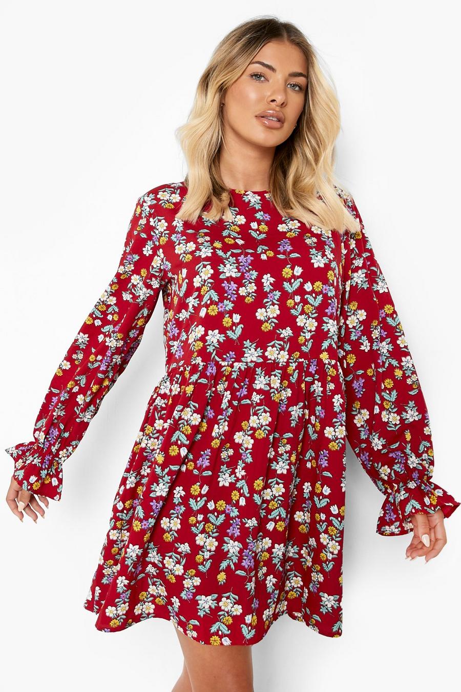 Red Flora Print Frill Cuff Smock Dress image number 1