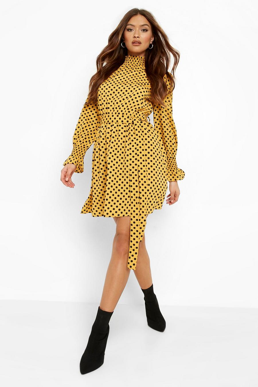 Mustard Polka Dot Shirred Neck Belted Skater Dress image number 1
