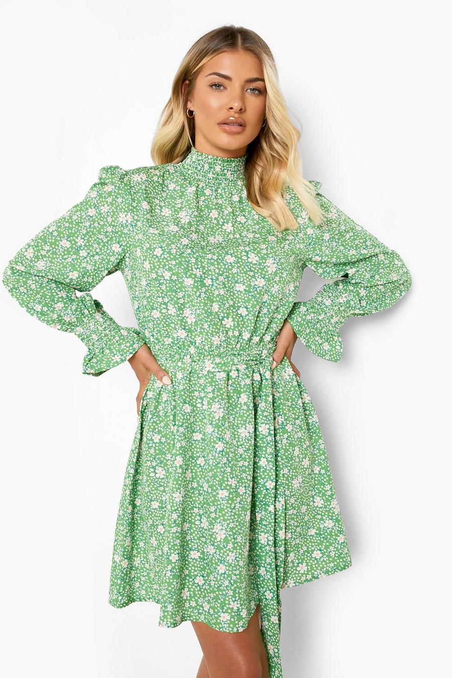 Green Ditsy Floral Shirred Neck Belted Skater Dress image number 1