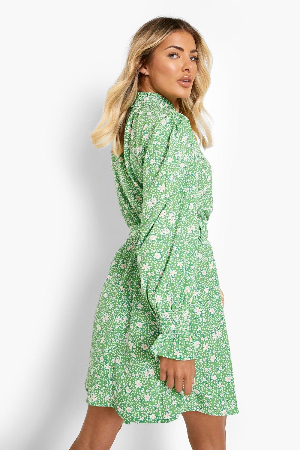 Boohoo off shoulder skater dress outlet in green ditsy floral