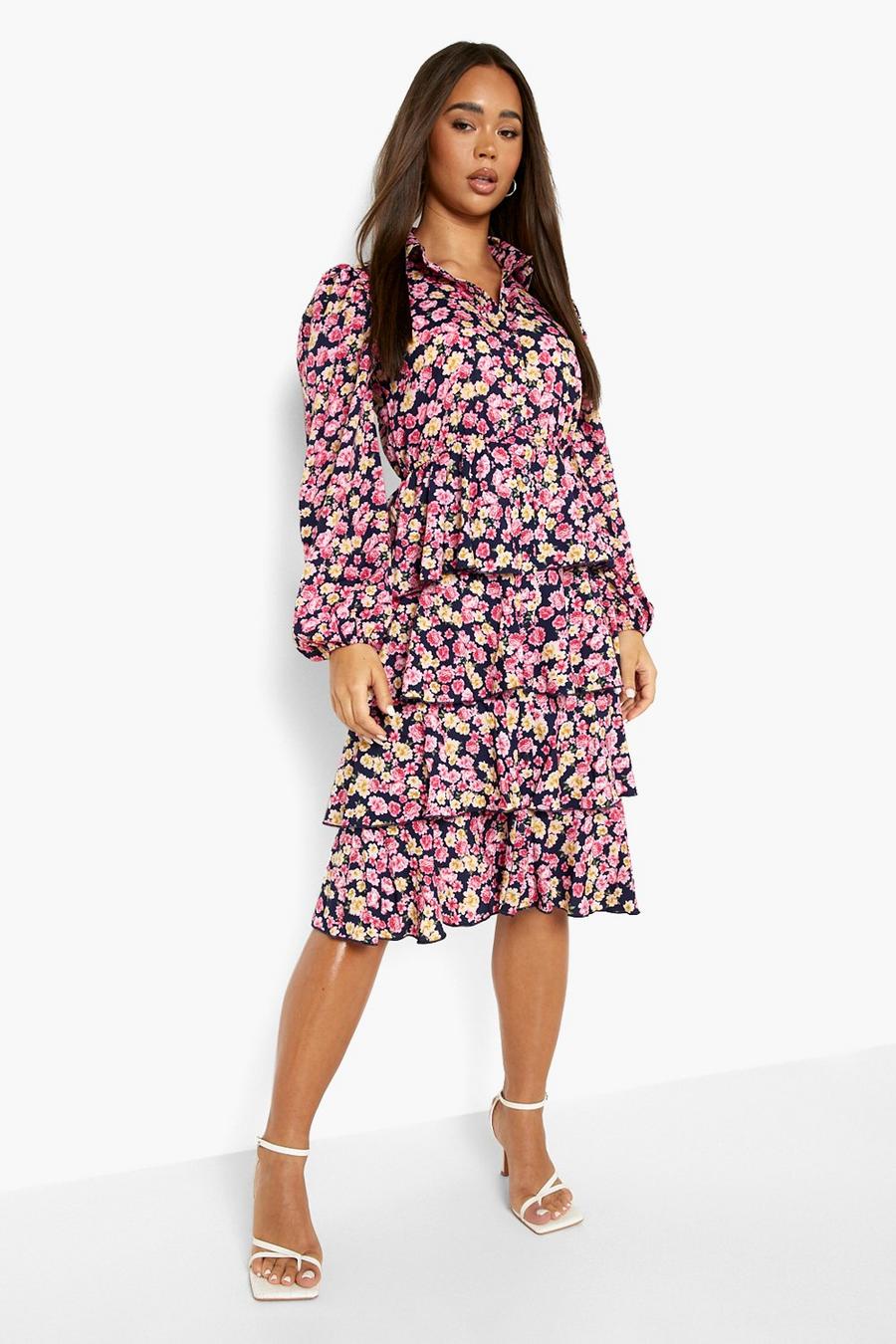 Navy Floral Tired Midi Shirt Dress image number 1