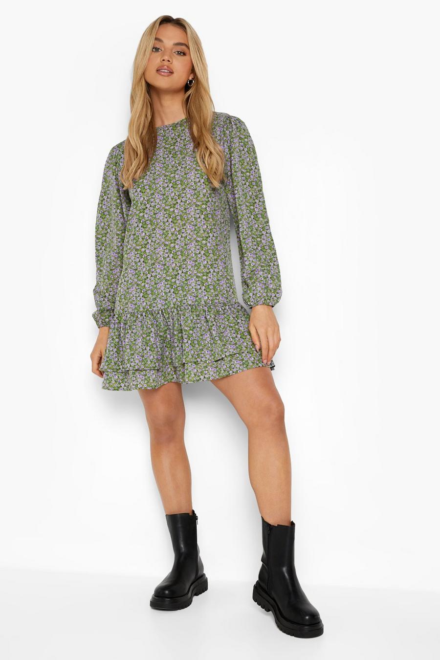 Green Floral Double Frill Hem Shift Dress image number 1