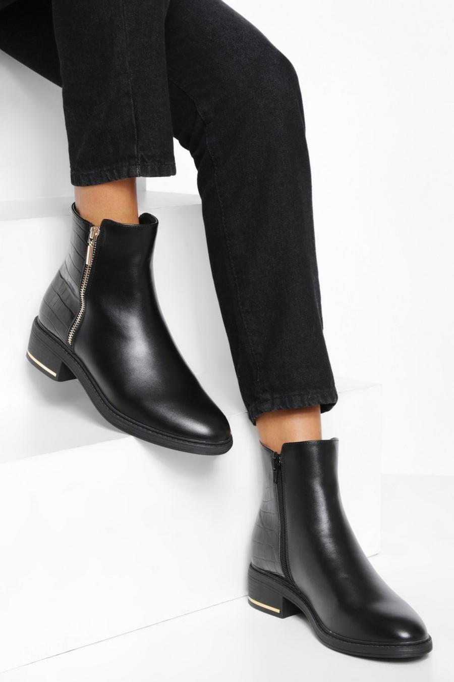 Black svart Croc Zip Detail Ankle Boots