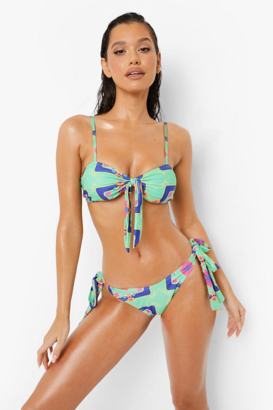 Top bikini allacciato davanti con motivi nautici, Green image number 1