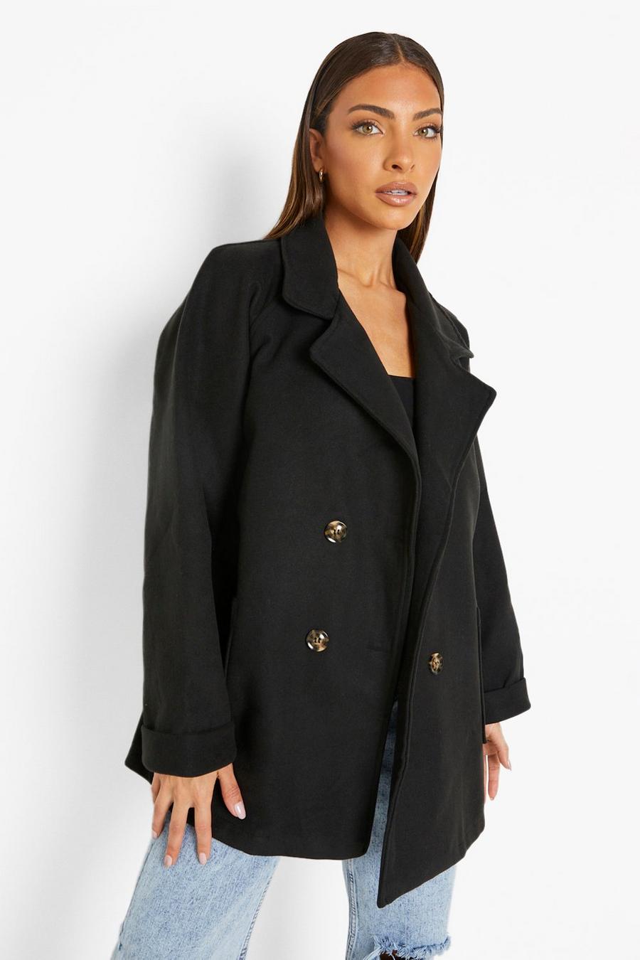 Zweireihiger Mantel in Wolloptik mit Taschen-Detail, Black image number 1