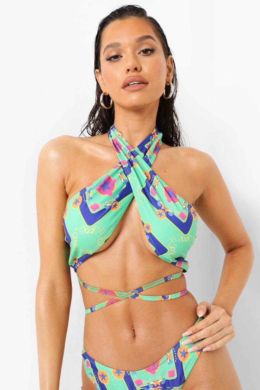 Top bikini allacciato al collo con motivi nautici, Green image number 1