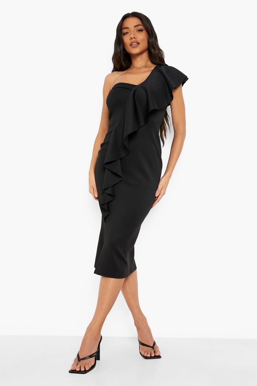 Black One shoulder-klänning med volanger image number 1