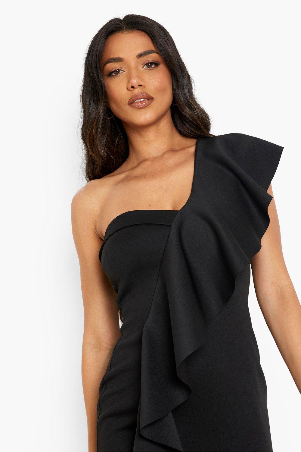 One and Stun Black Ruffled One-Shoulder Bodycon Midi Dress