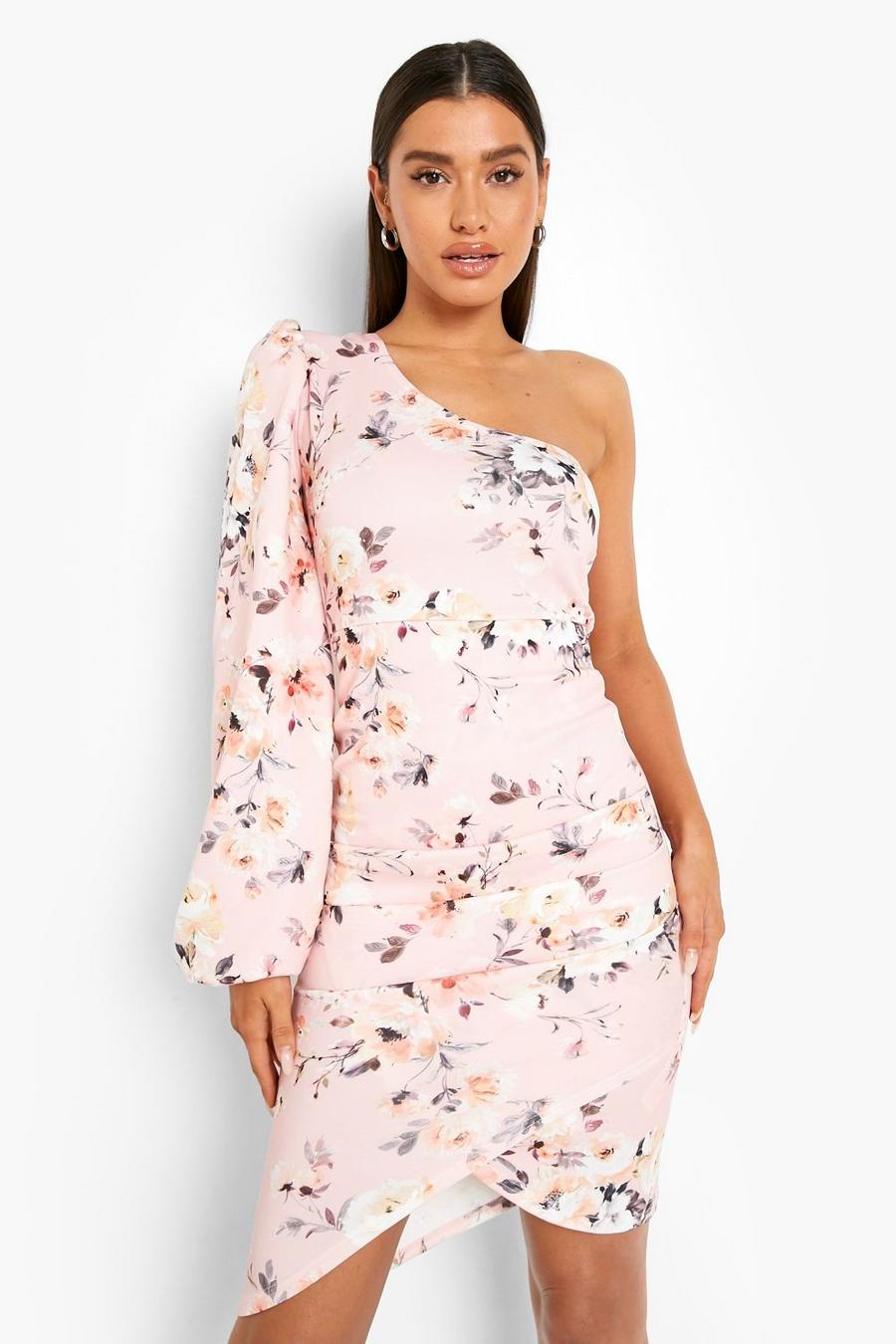 Nude Floral Print Blouson Sleeve Midi Dress image number 1