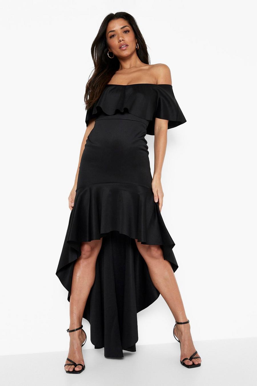 שחור שמלת מקסי מבד סקובה עם מכפלת ארוכה בגב ומלמלה image number 1