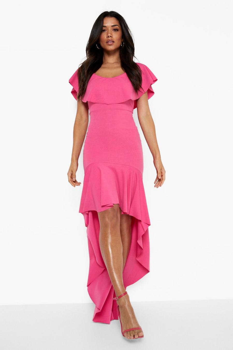 Hot pink Scuba Dipped Hem Ruffle Maxi Dress