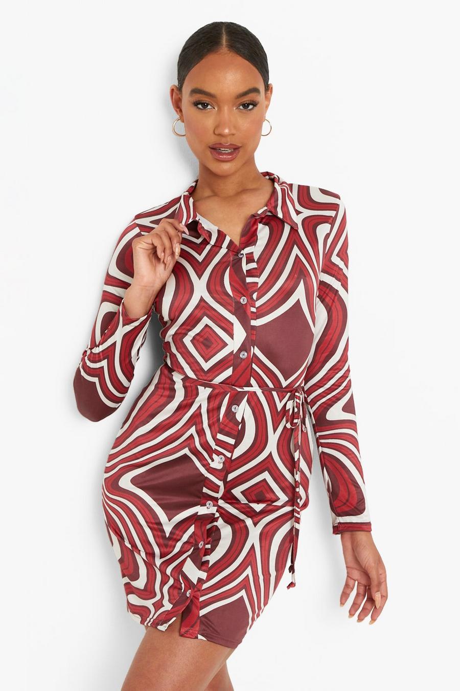 Langärmeliges, marmoriertes Blusenkleid aus glänzendem Jersey, Rot image number 1