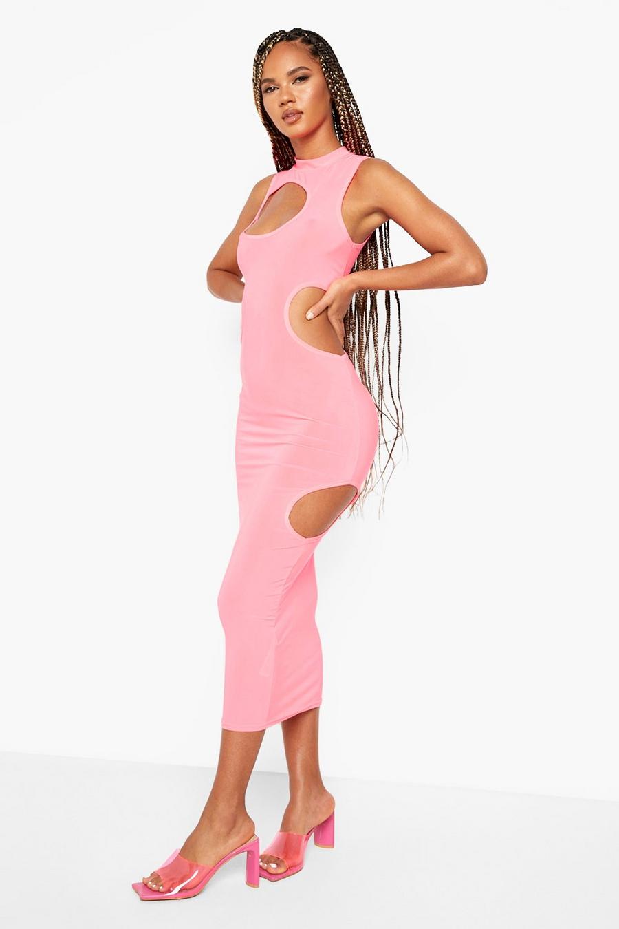Vestido midaxi ceñido color fosforito con abertura, Neon-pink image number 1