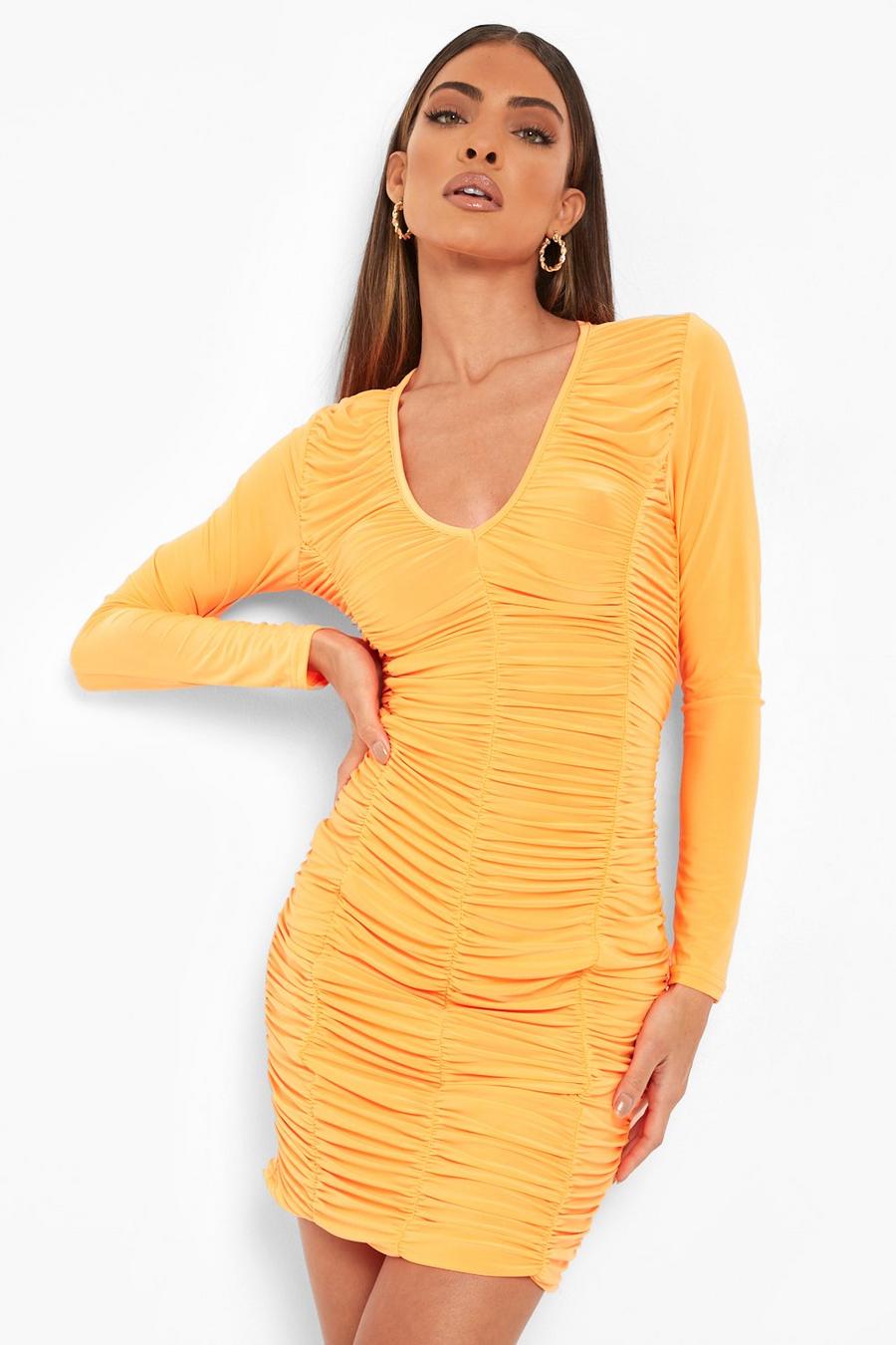 Neon-orange Långärmad miniklänning med rynkade detaljer image number 1