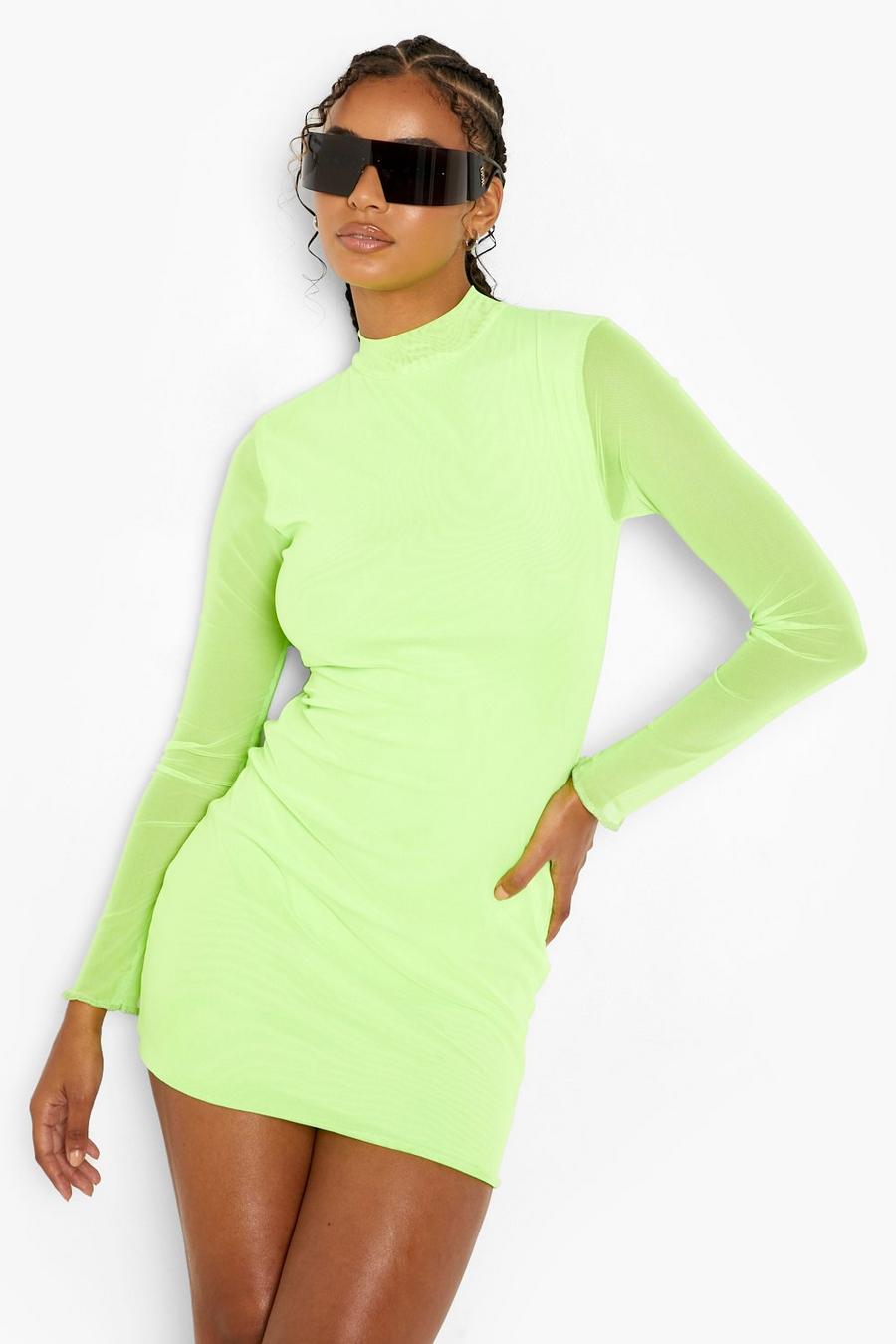 Vestido mini de malla color fosforito con agujero para el pulgar, Neon-lime image number 1