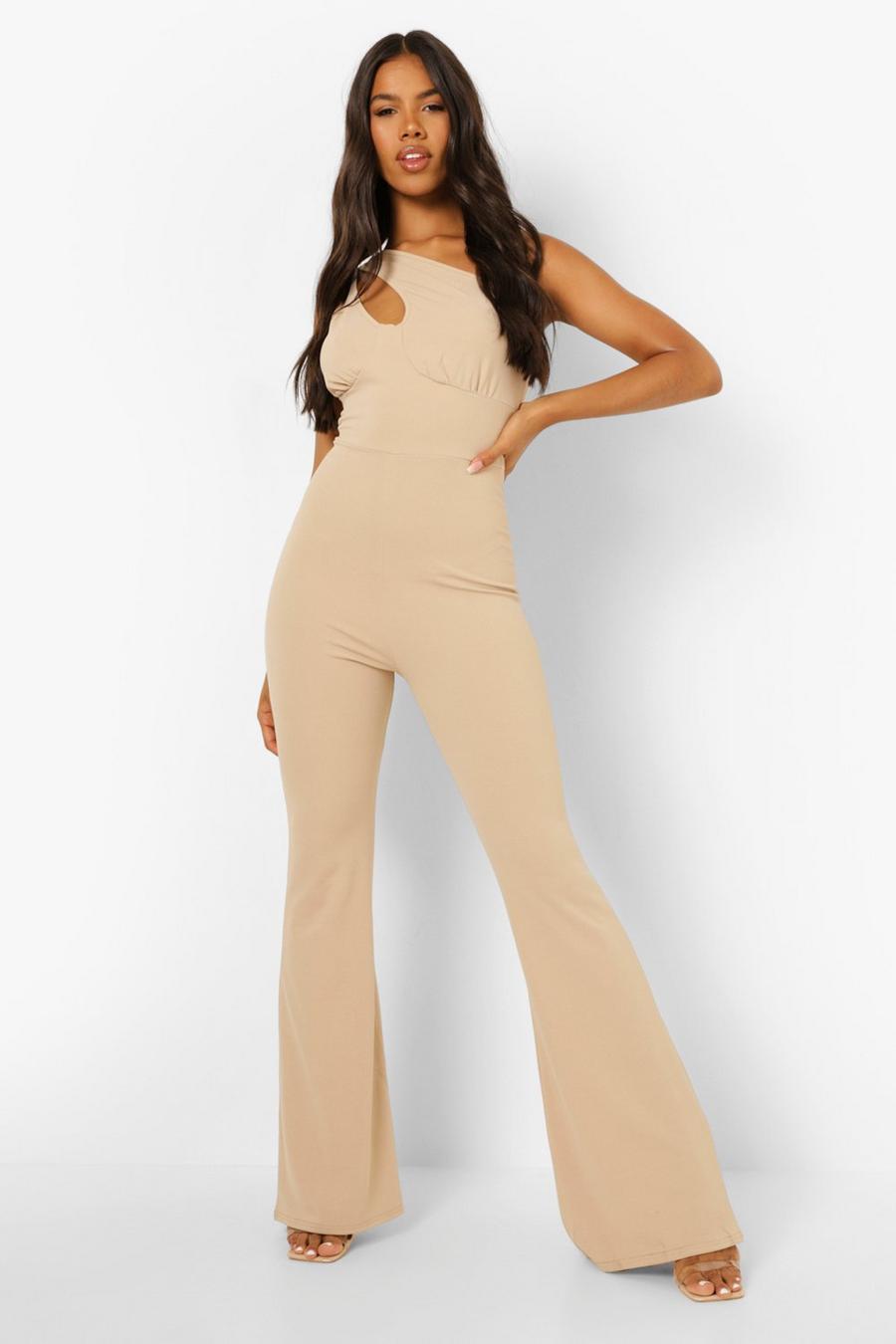 Mocha beis Asymmetric Cut Out Flared Jumpsuit image number 1