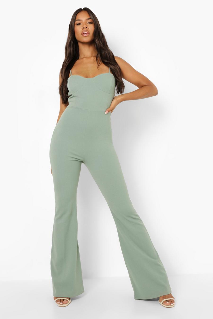 Sage green Strappy Cup Detail Flared Jumpsuit