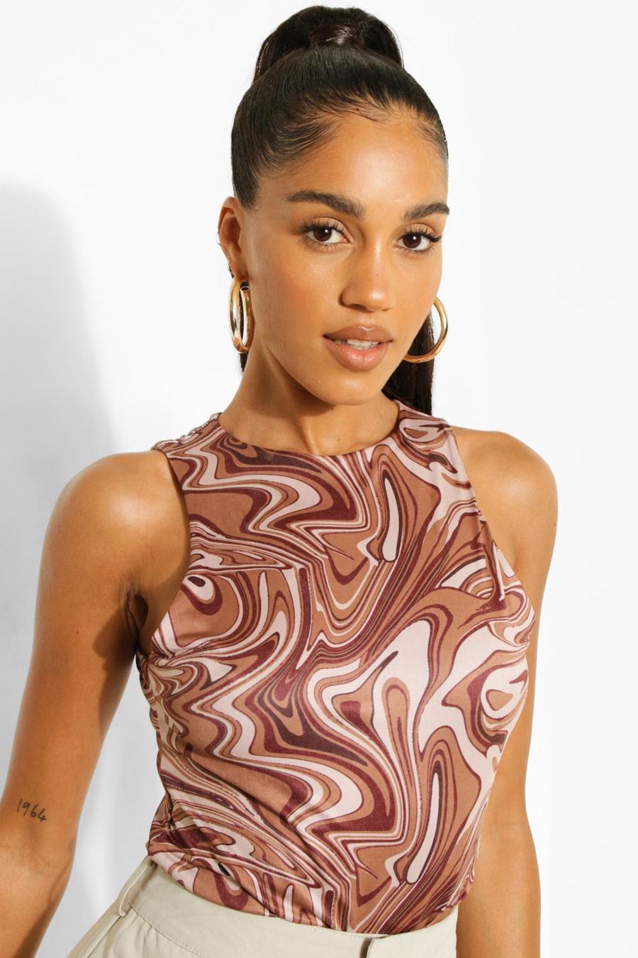 Chocolate Marble Double Layer Racer Neck Bodysuit image number 1