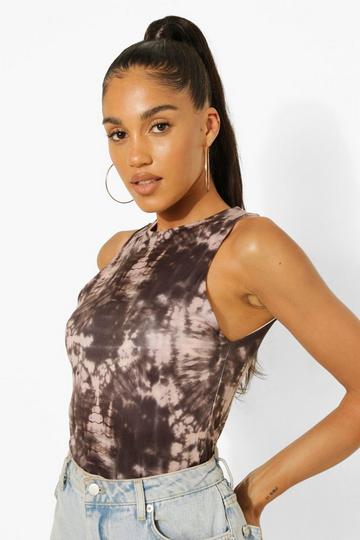 Tie Dye Double Layer Racer Neck Bodysuit black