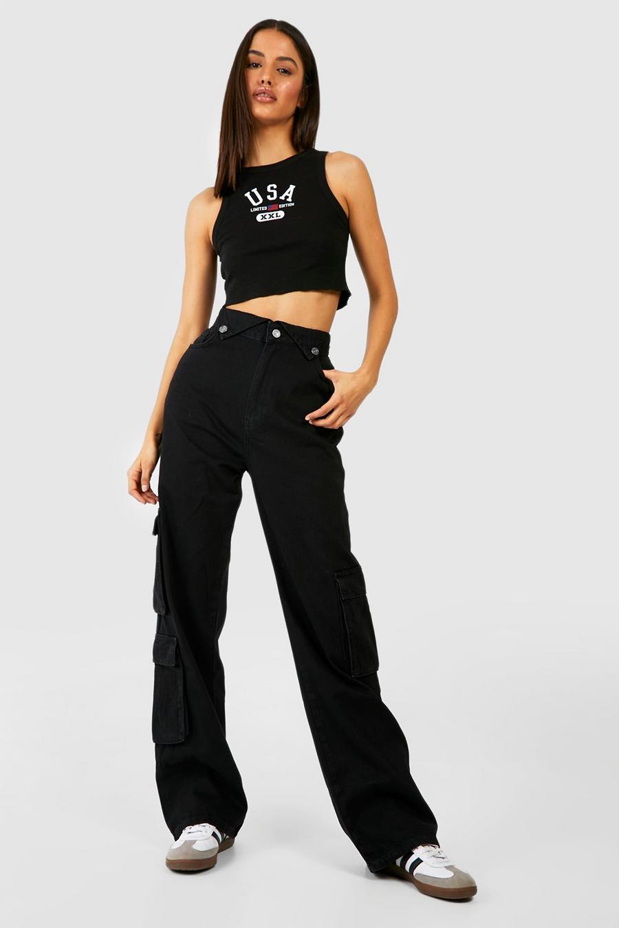 Black Loose Fit Denim Cargo Pants image number 1