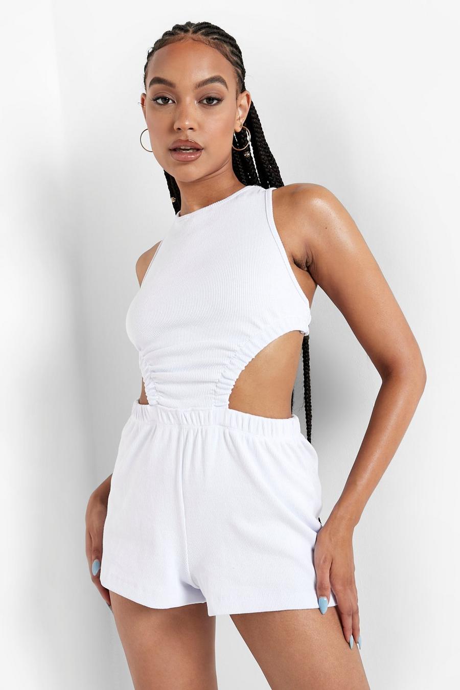 White Cut Out Rouched Sleeveless Romper image number 1